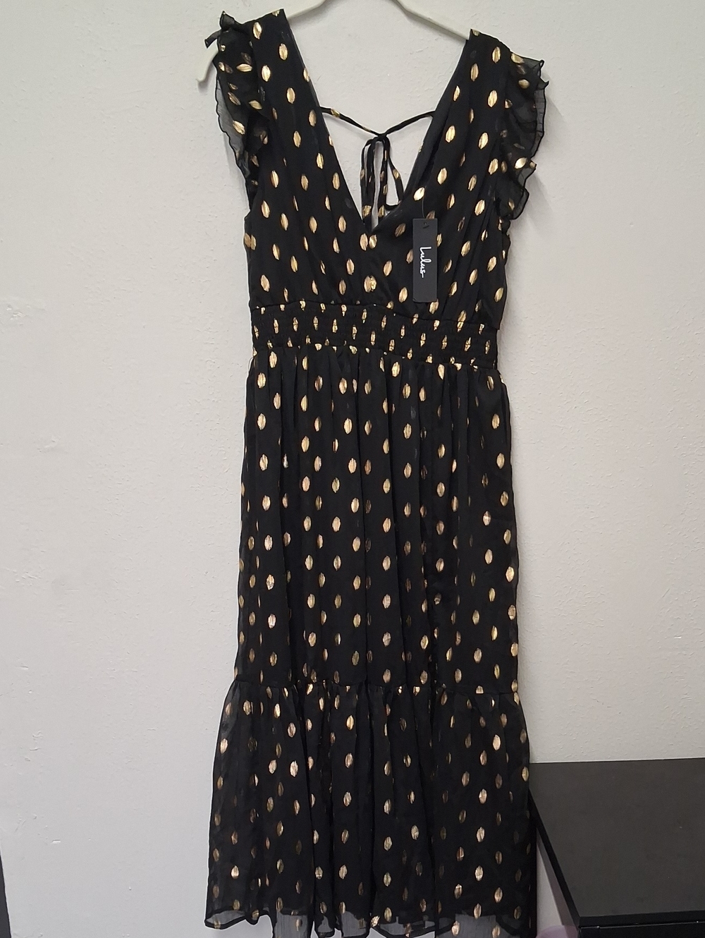 Lulu's Black Dress with Gold Metallic Polka Dots